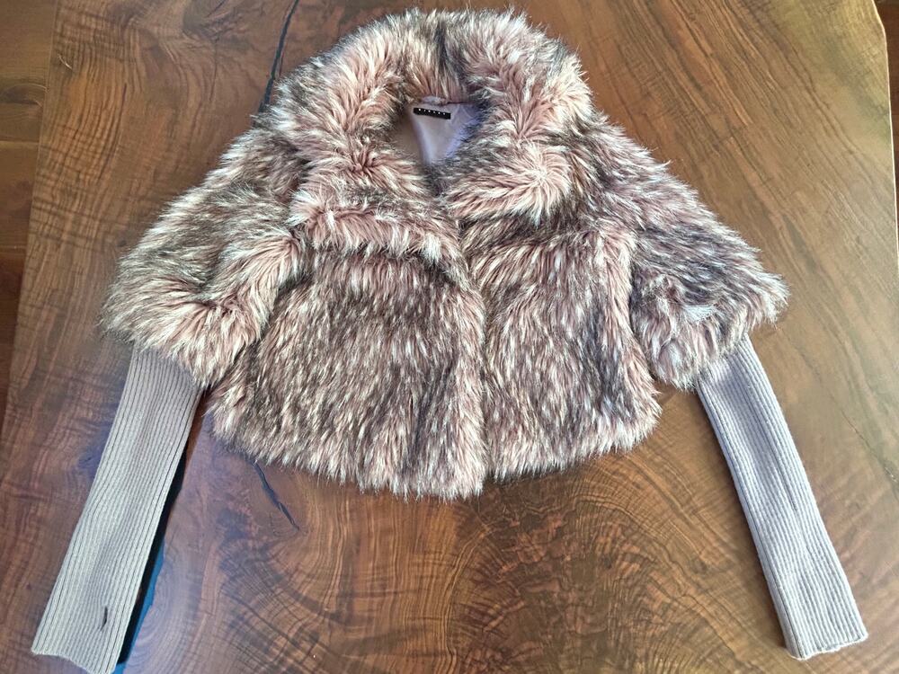 SISLEY Italian Benetton Lilac Faux Fur Shrug Jacket Wool Blend Thumbhole XS S